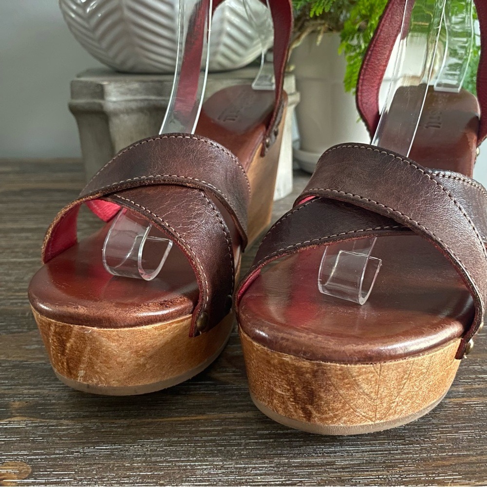 Bed|Stu Grettell Leather Wood Platform Studded Wedge Sandals 10 Brown Burgundy - Picture 8 of 12